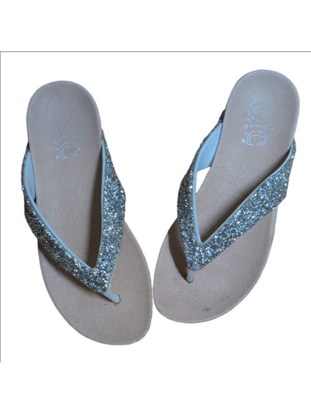 NYC Couture Girls Sparkly Silver Glitter Cork Sole Flip Flop Sandals Size EU36